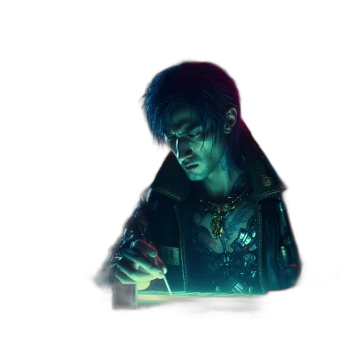 jacket, face, weapon, cyberpunk transparent PNG cut-out