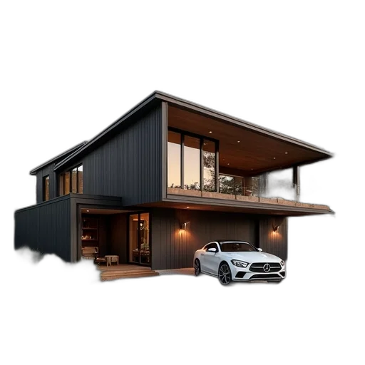 car, building, 3d render, photorealistic transparent PNG cut-out