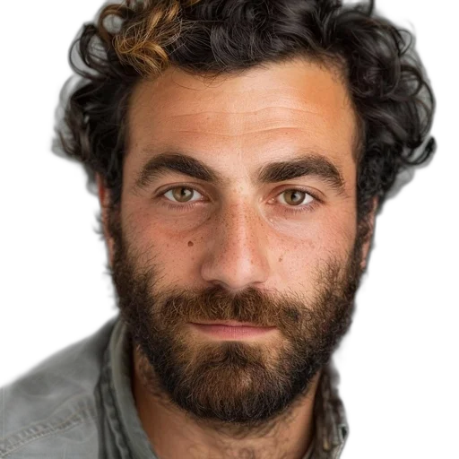 face, hair, jacket, staff transparent PNG cut-out