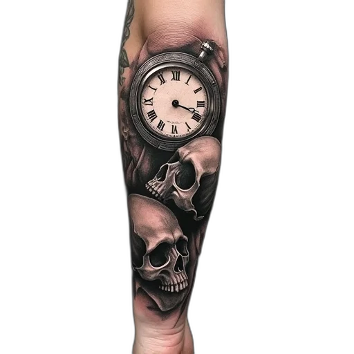 photorealistic, cyberpunk, skulls, clock transparent PNG cut-out