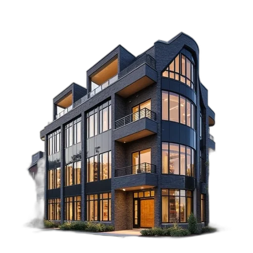 building, 3d render, photorealistic, dark transparent PNG cut-out