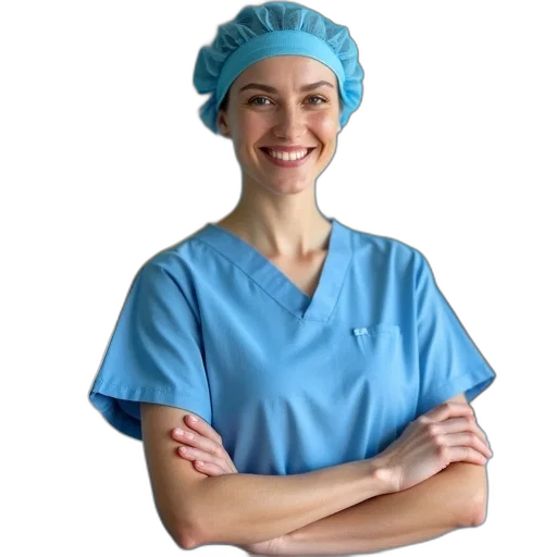 staff, smiling, woman, wearing transparent PNG cut-out